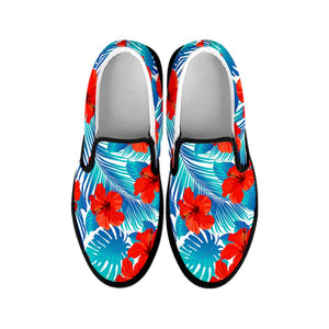 Blue Tropical Hibiscus Pattern Print Black Slip On Sneakers