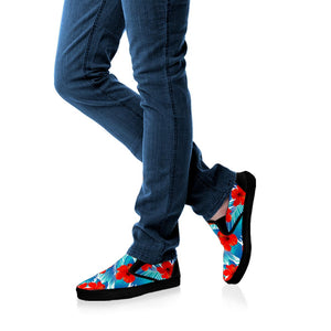 Blue Tropical Hibiscus Pattern Print Black Slip On Sneakers