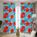 Blue Tropical Hibiscus Pattern Print Blackout Pencil Pleat Curtains