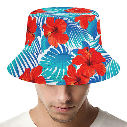 Blue Tropical Hibiscus Pattern Print Bucket Hat