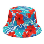 Blue Tropical Hibiscus Pattern Print Bucket Hat
