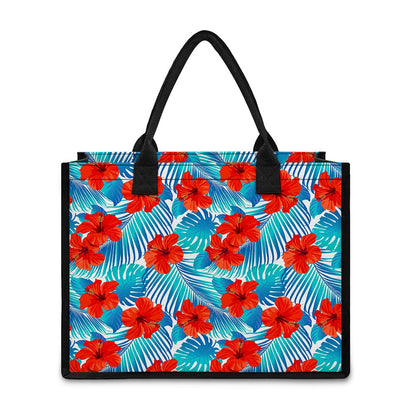 Blue Tropical Hibiscus Pattern Print Canvas Tote Bag