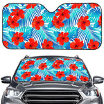 Blue Tropical Hibiscus Pattern Print Car Windshield Sun Shade