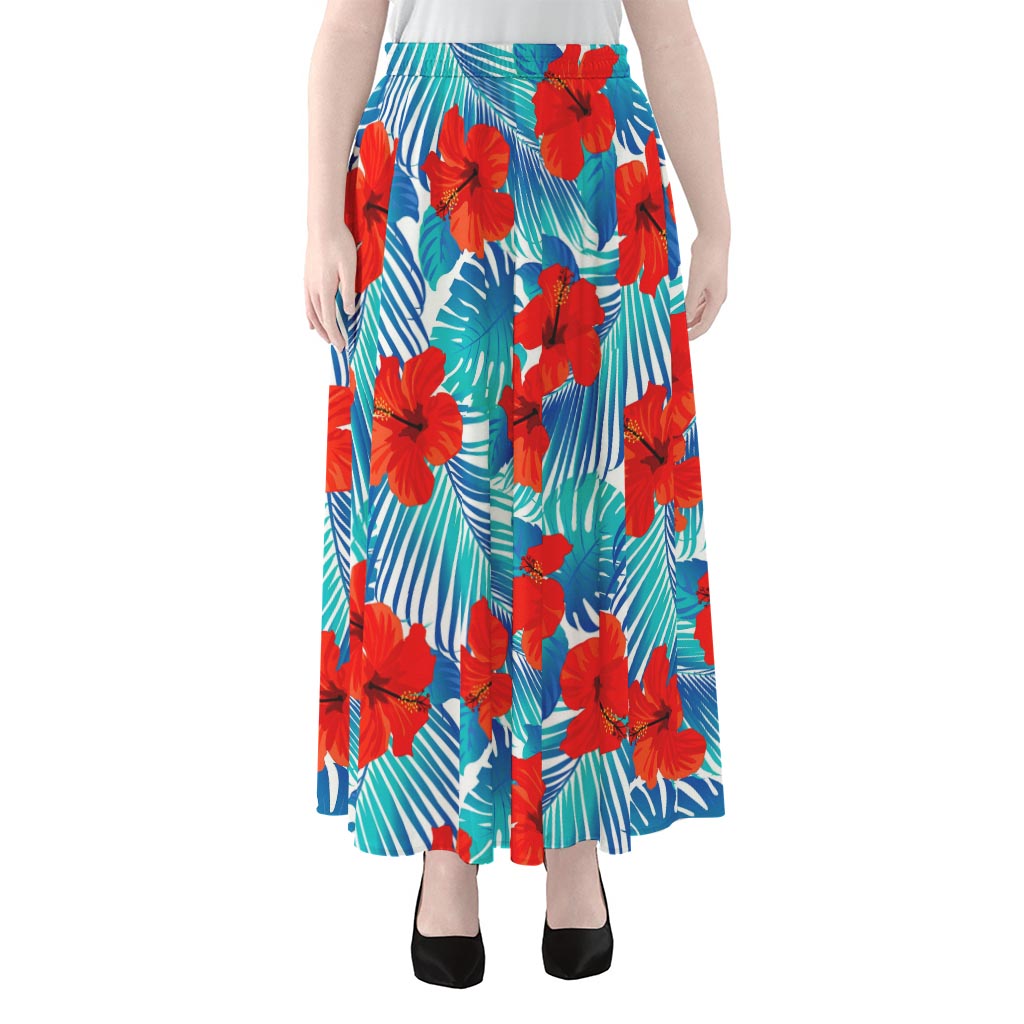 Blue Tropical Hibiscus Pattern Print Chiffon Maxi Skirt