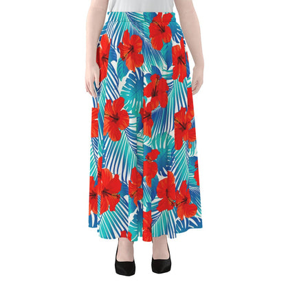 Blue Tropical Hibiscus Pattern Print Chiffon Maxi Skirt