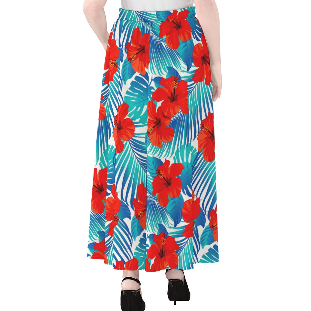 Blue Tropical Hibiscus Pattern Print Chiffon Maxi Skirt