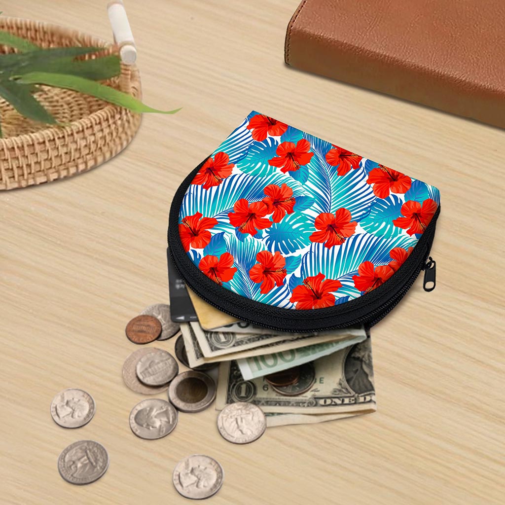 Blue Tropical Hibiscus Pattern Print Coin Purse
