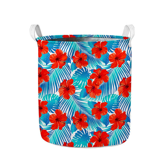 Blue Tropical Hibiscus Pattern Print Collapsible Laundry Basket