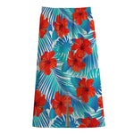 Blue Tropical Hibiscus Pattern Print Cotton Front Slit Maxi Skirt
