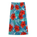 Blue Tropical Hibiscus Pattern Print Cotton Front Slit Maxi Skirt