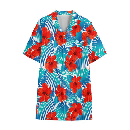 Blue Tropical Hibiscus Pattern Print Cotton Hawaiian Shirt