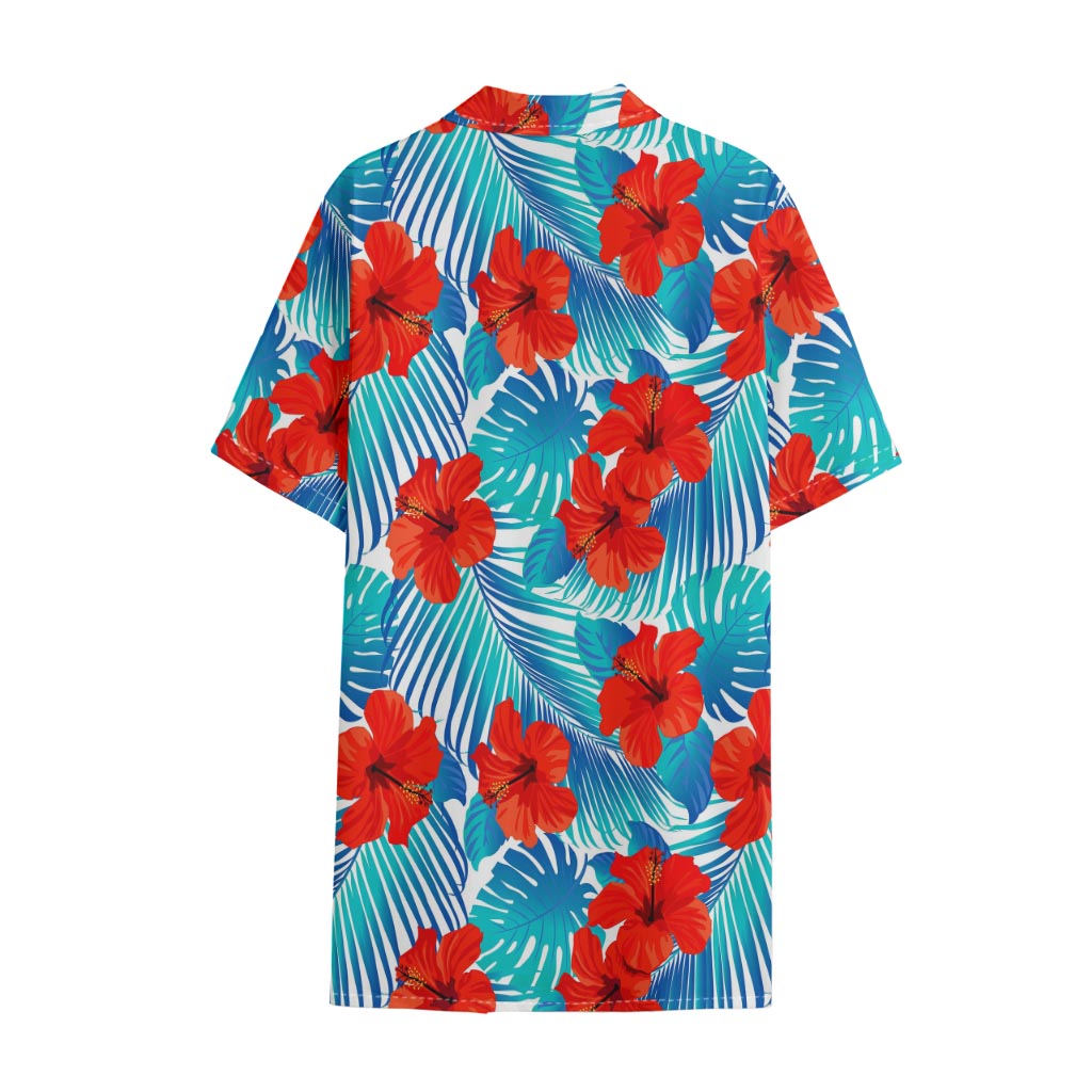 Blue Tropical Hibiscus Pattern Print Cotton Hawaiian Shirt