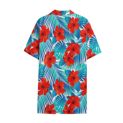 Blue Tropical Hibiscus Pattern Print Cotton Hawaiian Shirt