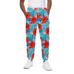 Blue Tropical Hibiscus Pattern Print Cotton Pants