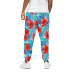 Blue Tropical Hibiscus Pattern Print Cotton Pants