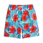 Blue Tropical Hibiscus Pattern Print Cotton Shorts