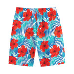 Blue Tropical Hibiscus Pattern Print Cotton Shorts