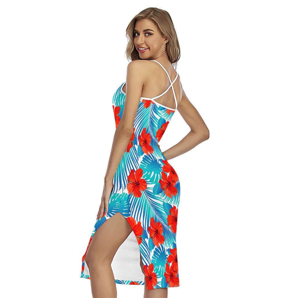 Blue Tropical Hibiscus Pattern Print Cross Back Cami Dress