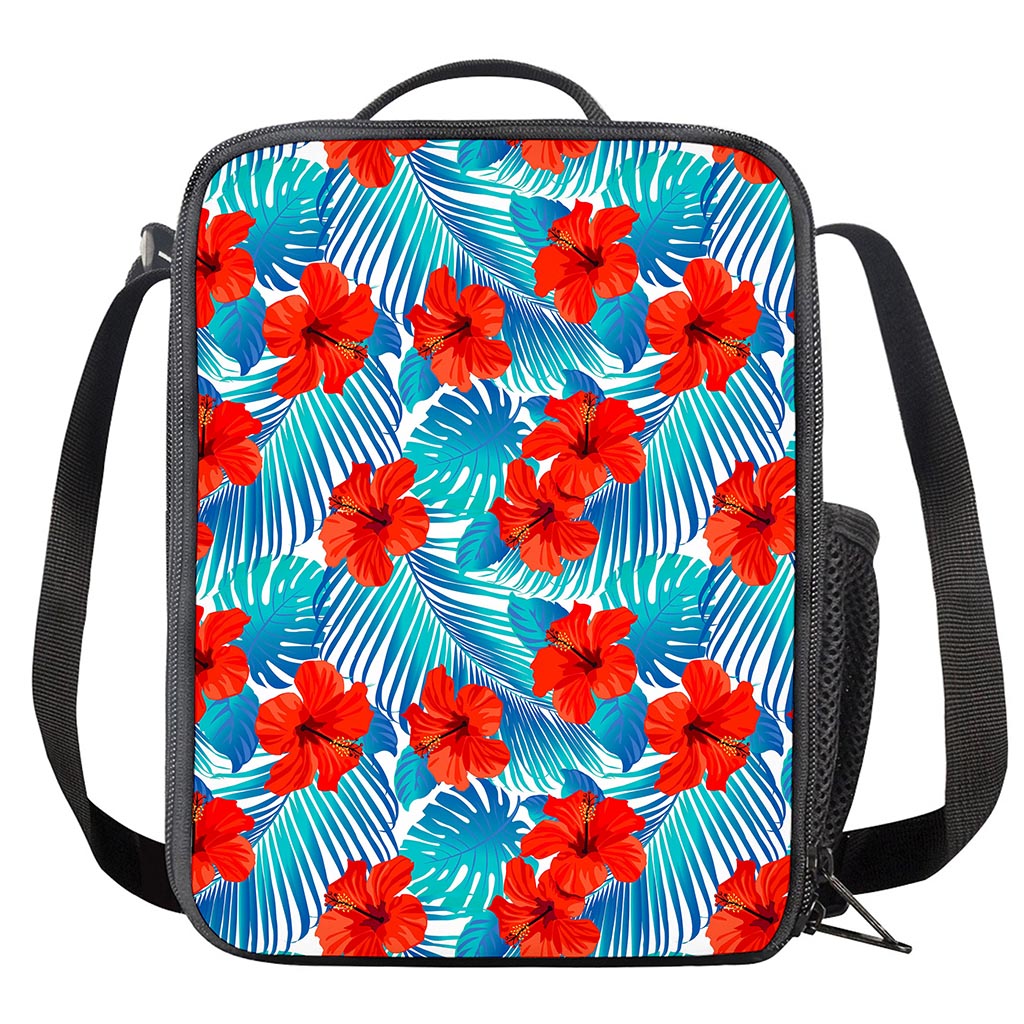Blue Tropical Hibiscus Pattern Print Crossbody Lunch Bag