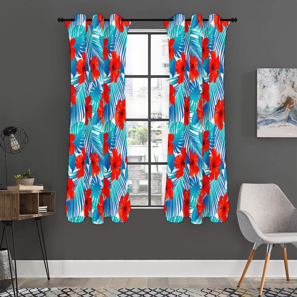 Blue Tropical Hibiscus Pattern Print Curtain