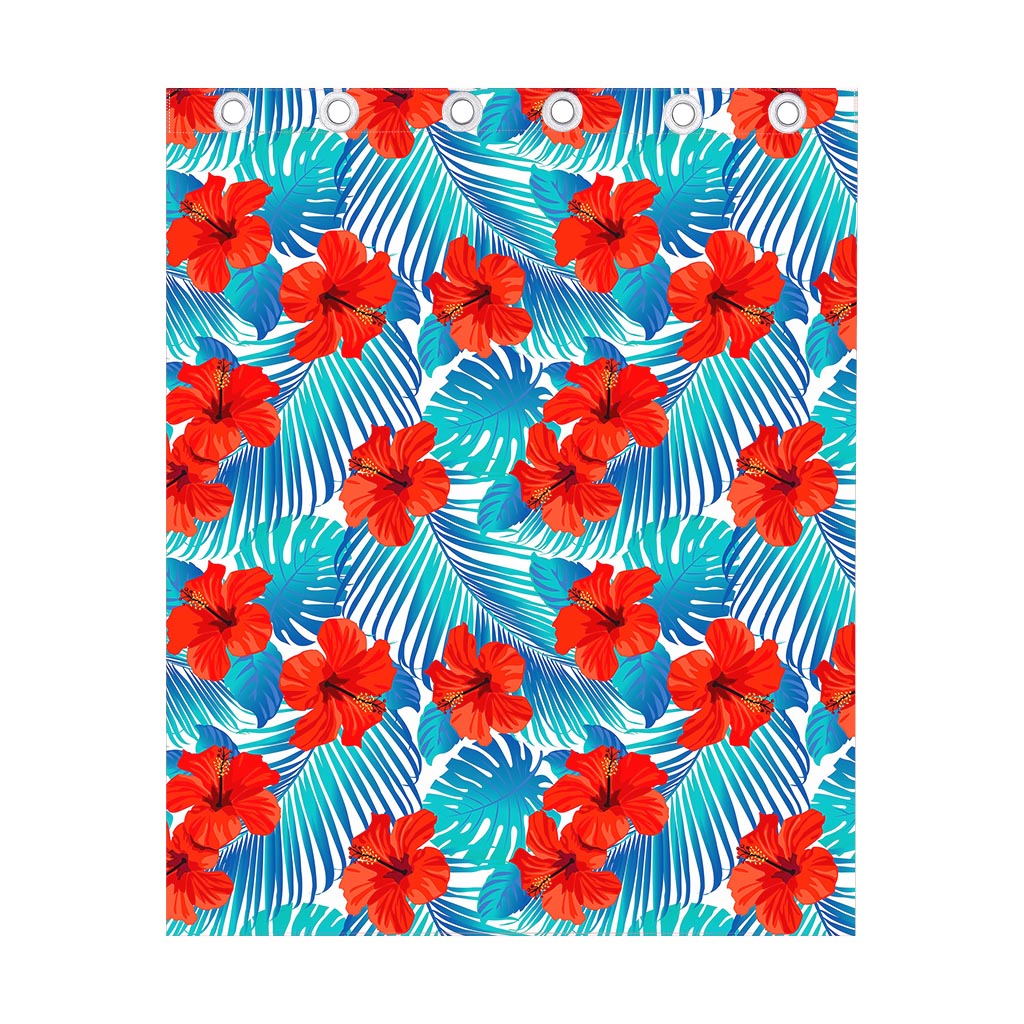 Blue Tropical Hibiscus Pattern Print Curtain