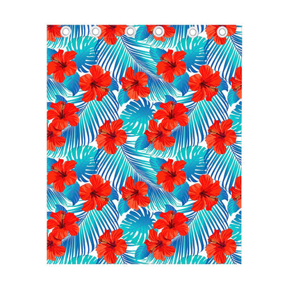 Blue Tropical Hibiscus Pattern Print Curtain