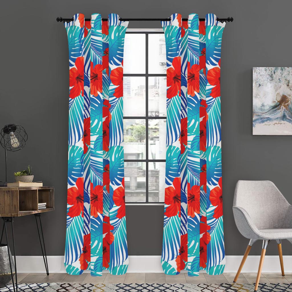 Blue Tropical Hibiscus Pattern Print Curtain