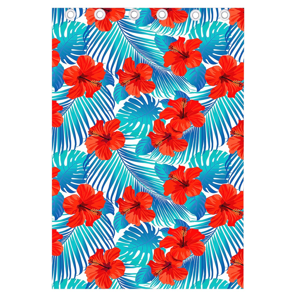 Blue Tropical Hibiscus Pattern Print Curtain