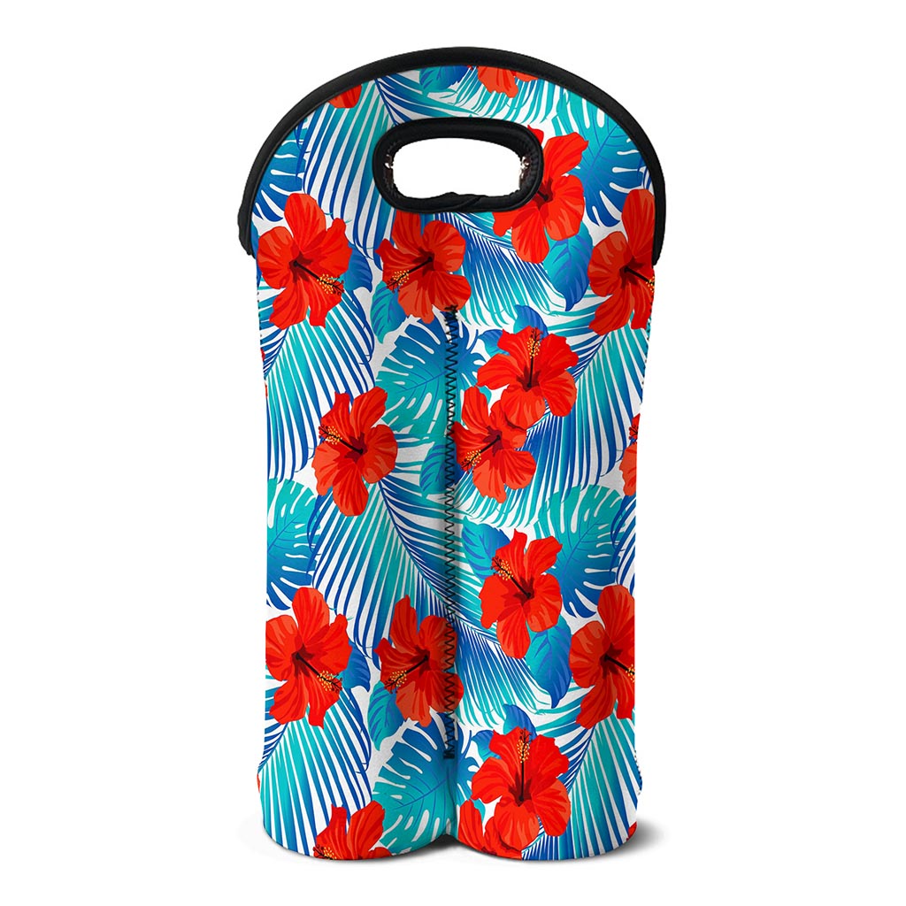 Blue Tropical Hibiscus Pattern Print Double Neoprene Wine Tote