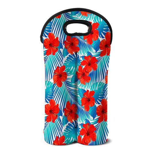 Blue Tropical Hibiscus Pattern Print Double Neoprene Wine Tote