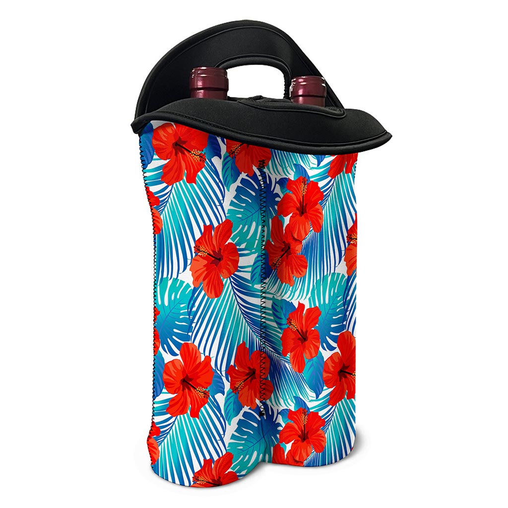 Blue Tropical Hibiscus Pattern Print Double Neoprene Wine Tote