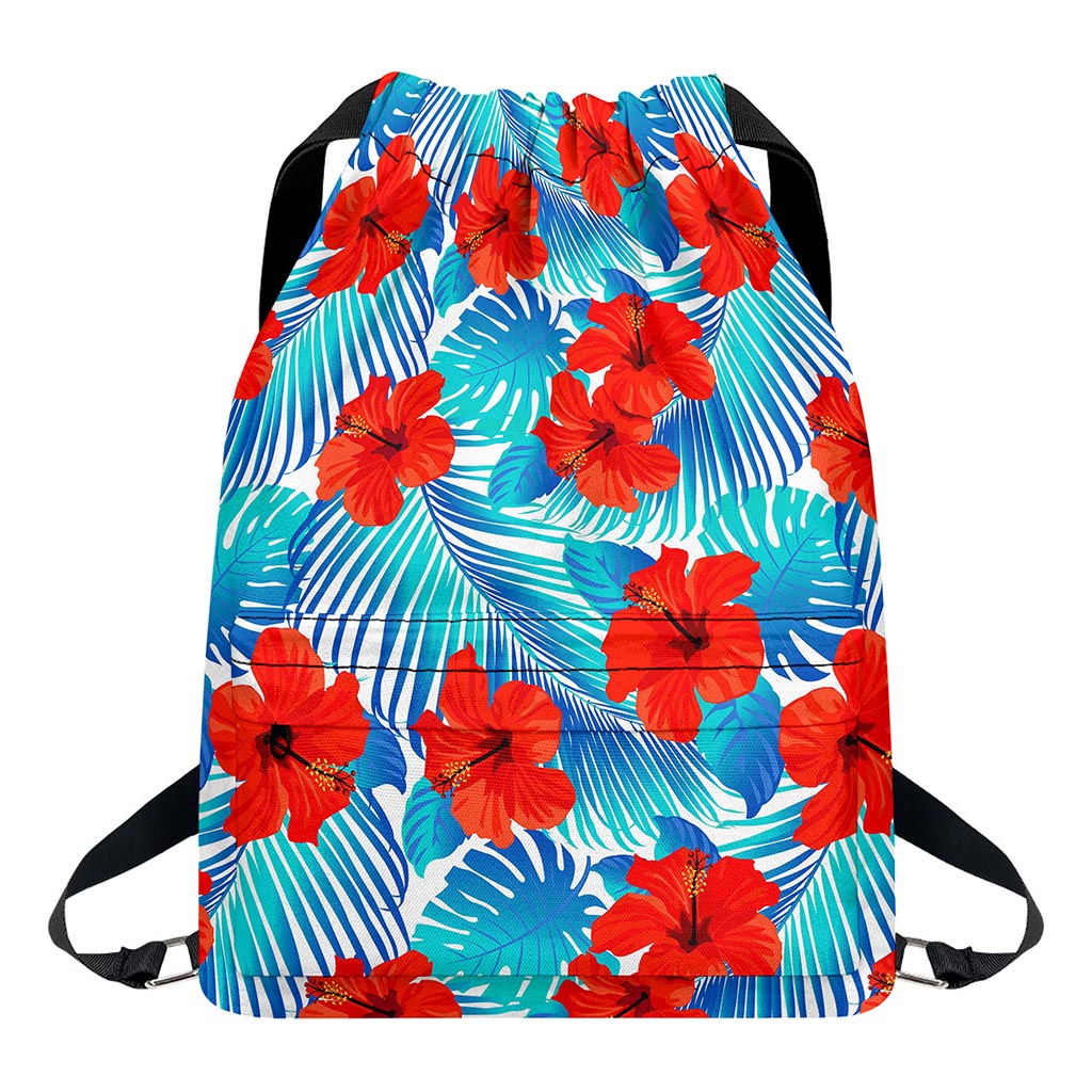 Blue Tropical Hibiscus Pattern Print Drawstring Backpack