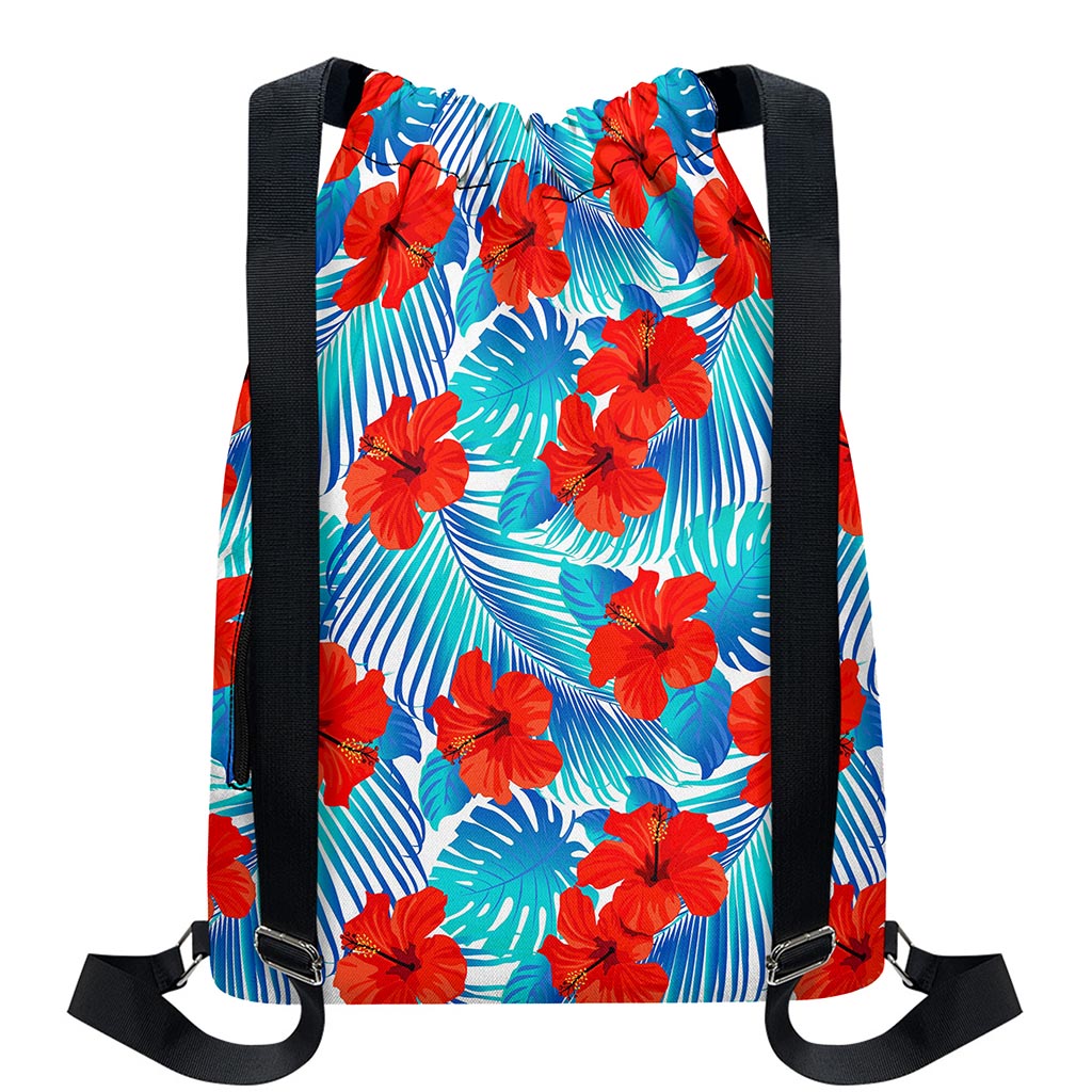 Blue Tropical Hibiscus Pattern Print Drawstring Backpack