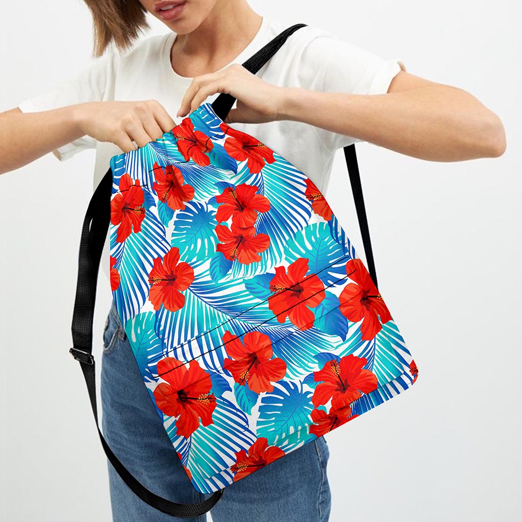 Blue Tropical Hibiscus Pattern Print Drawstring Backpack