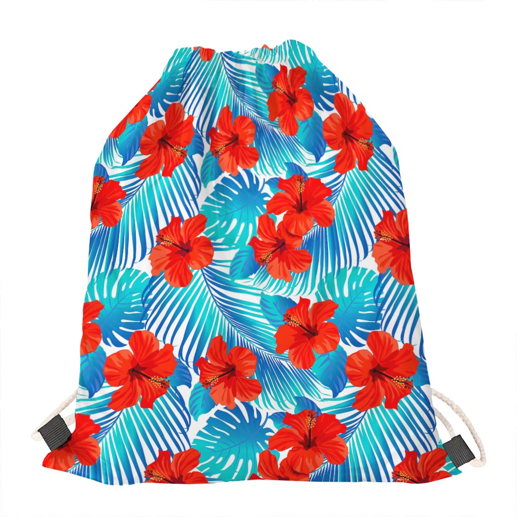 Blue Tropical Hibiscus Pattern Print Drawstring Bag