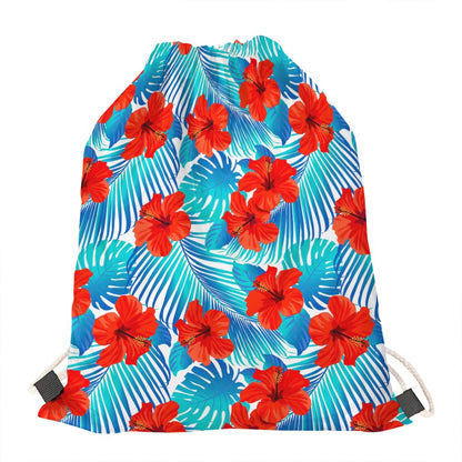 Blue Tropical Hibiscus Pattern Print Drawstring Bag
