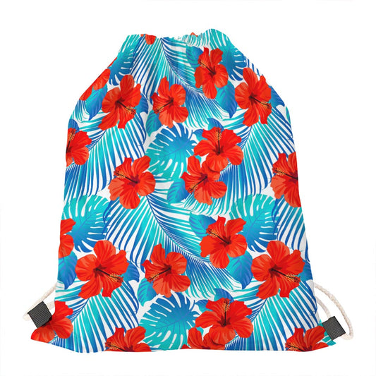 Blue Tropical Hibiscus Pattern Print Drawstring Bag