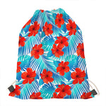 Blue Tropical Hibiscus Pattern Print Drawstring Bag