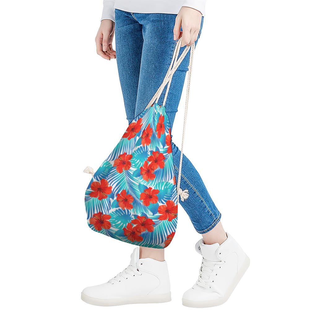 Blue Tropical Hibiscus Pattern Print Drawstring Bag