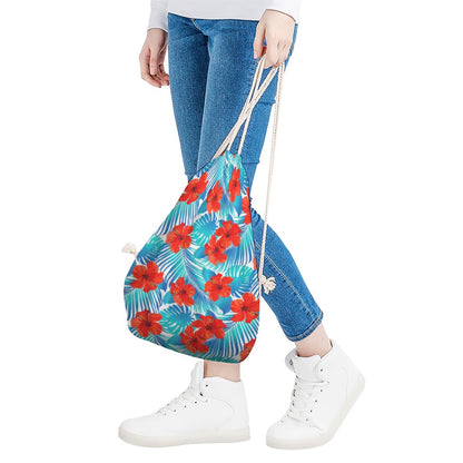 Blue Tropical Hibiscus Pattern Print Drawstring Bag