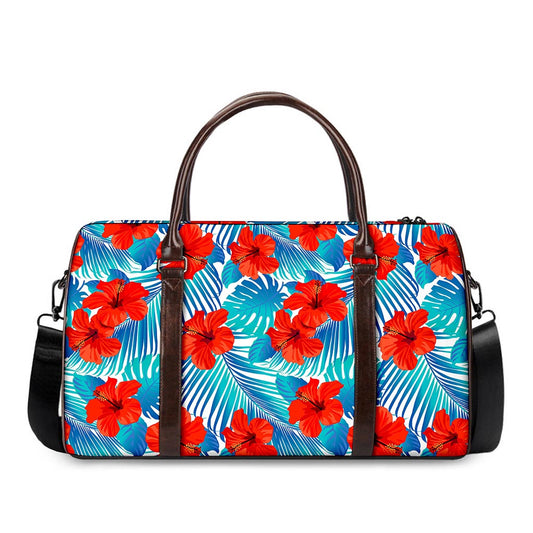 Blue Tropical Hibiscus Pattern Print Duffle Bag