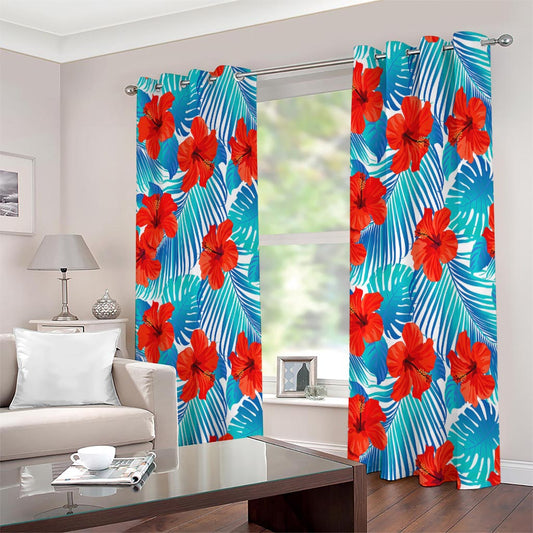Blue Tropical Hibiscus Pattern Print Extra Wide Grommet Curtains