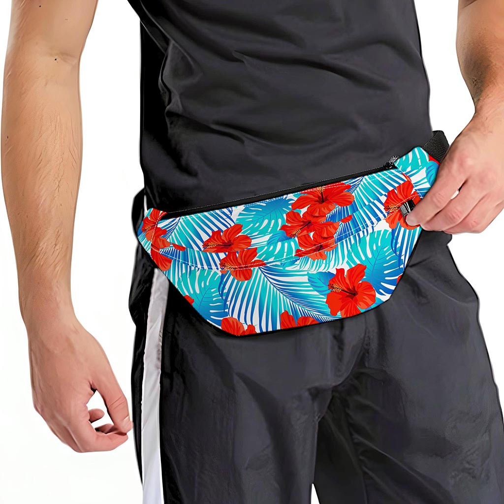 Blue Tropical Hibiscus Pattern Print Fanny Pack