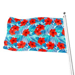 Blue Tropical Hibiscus Pattern Print Flag