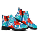 Blue Tropical Hibiscus Pattern Print Flat Ankle Boots