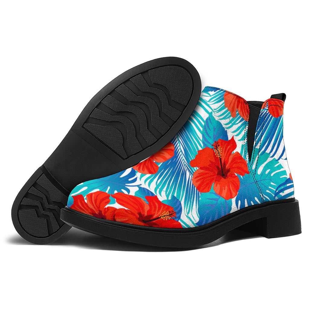 Blue Tropical Hibiscus Pattern Print Flat Ankle Boots