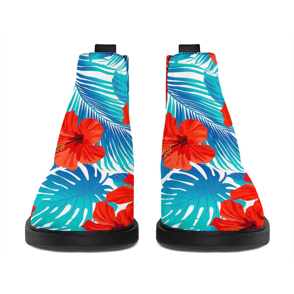 Blue Tropical Hibiscus Pattern Print Flat Ankle Boots