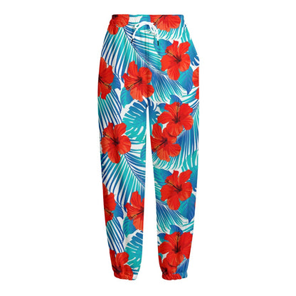 Blue Tropical Hibiscus Pattern Print Fleece Lined Knit Pants