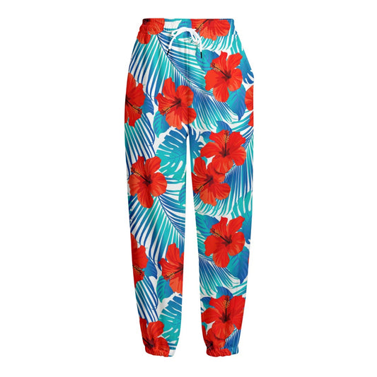 Blue Tropical Hibiscus Pattern Print Fleece Lined Knit Pants