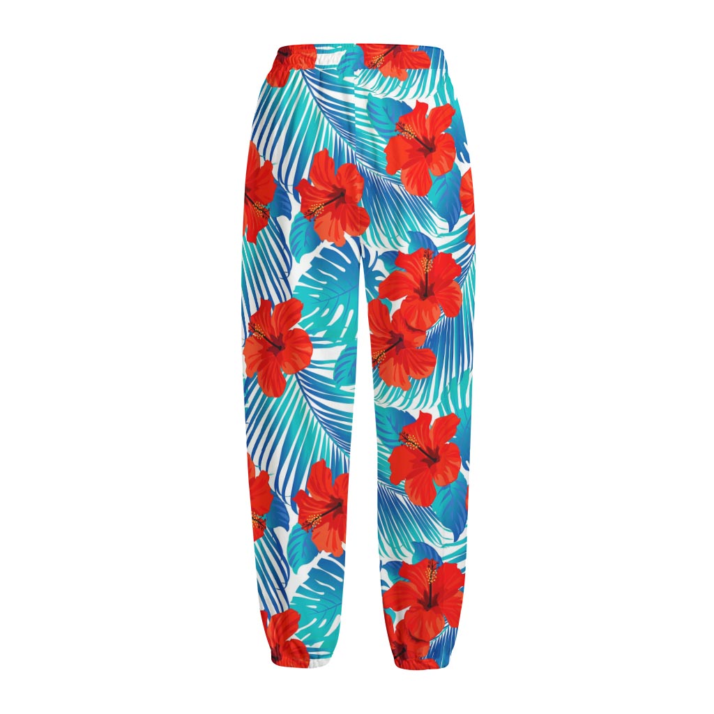 Blue Tropical Hibiscus Pattern Print Fleece Lined Knit Pants